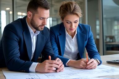 Two engineers discussing a blueprint
