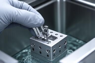 A metal part being lowered into an ultrasonic cleaning tank