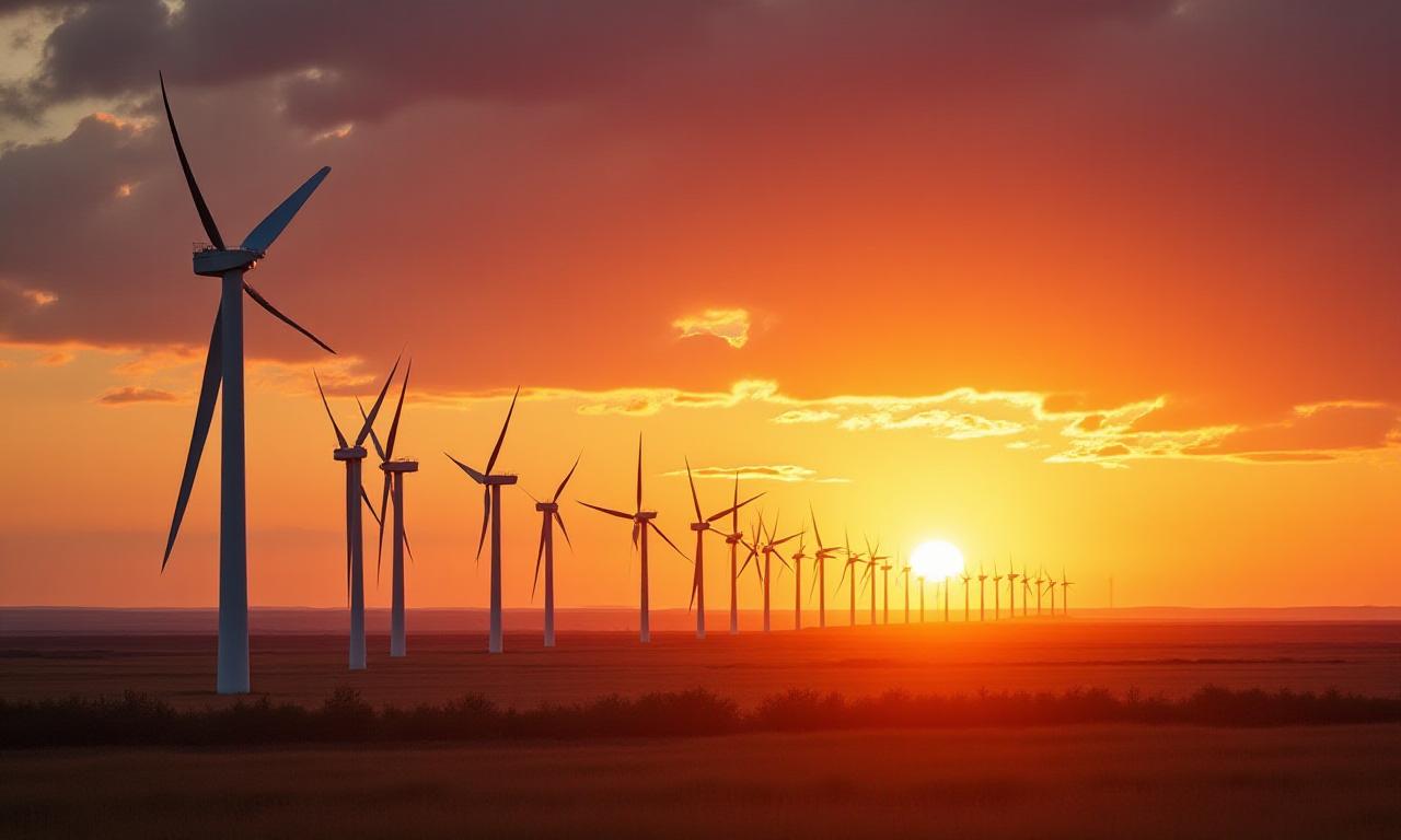Large scale wind farm in the Canadian prairies at sunset
